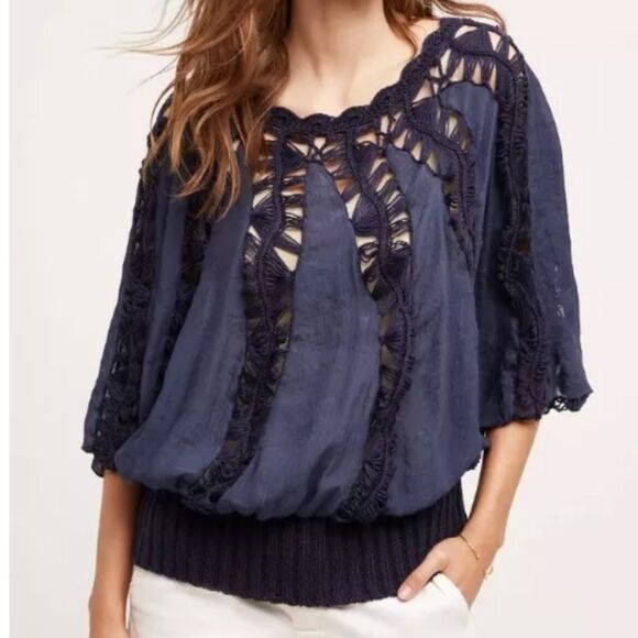 Umgee Peasant Top Womens Size S/M Black Crochet Cut Out Peasant Goth Darkwear - Picture 1 of 10